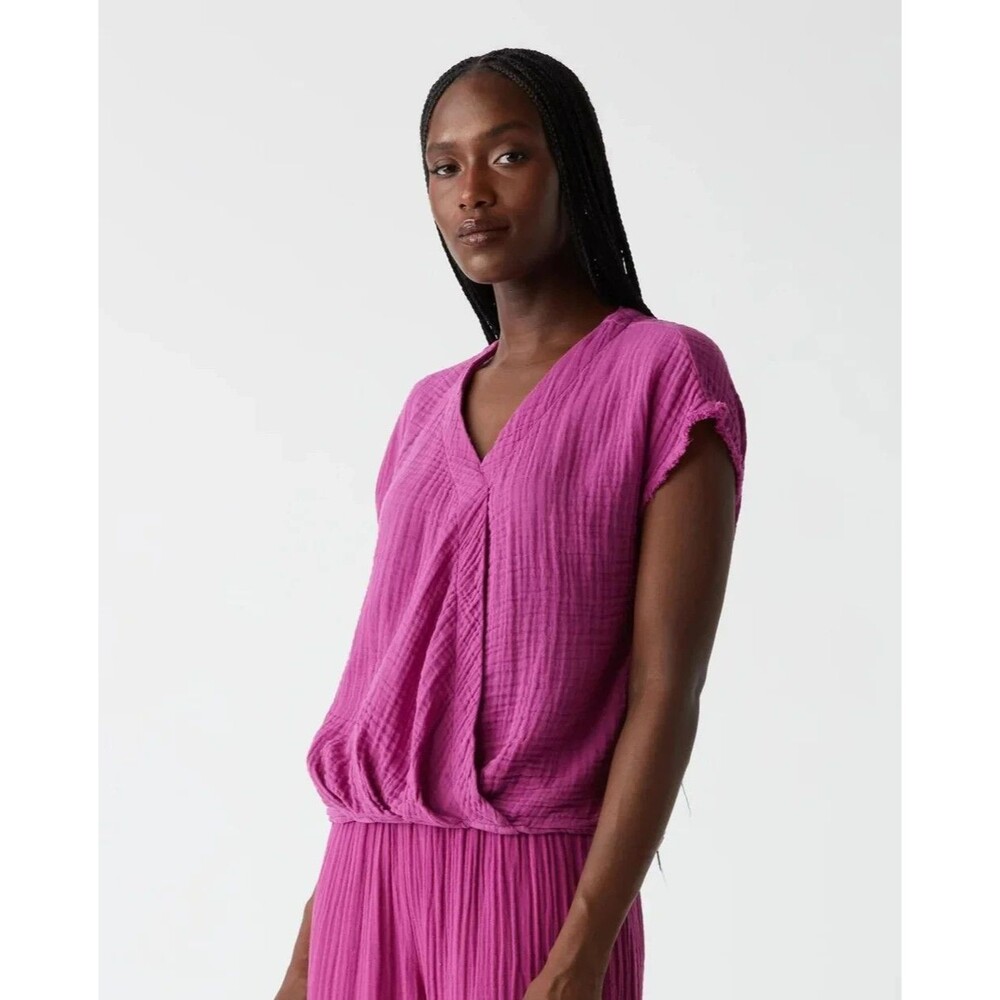 Michael Stars Women Evie Gauze Surplice Crop Top Sleeve Shirt Ultraviolet M